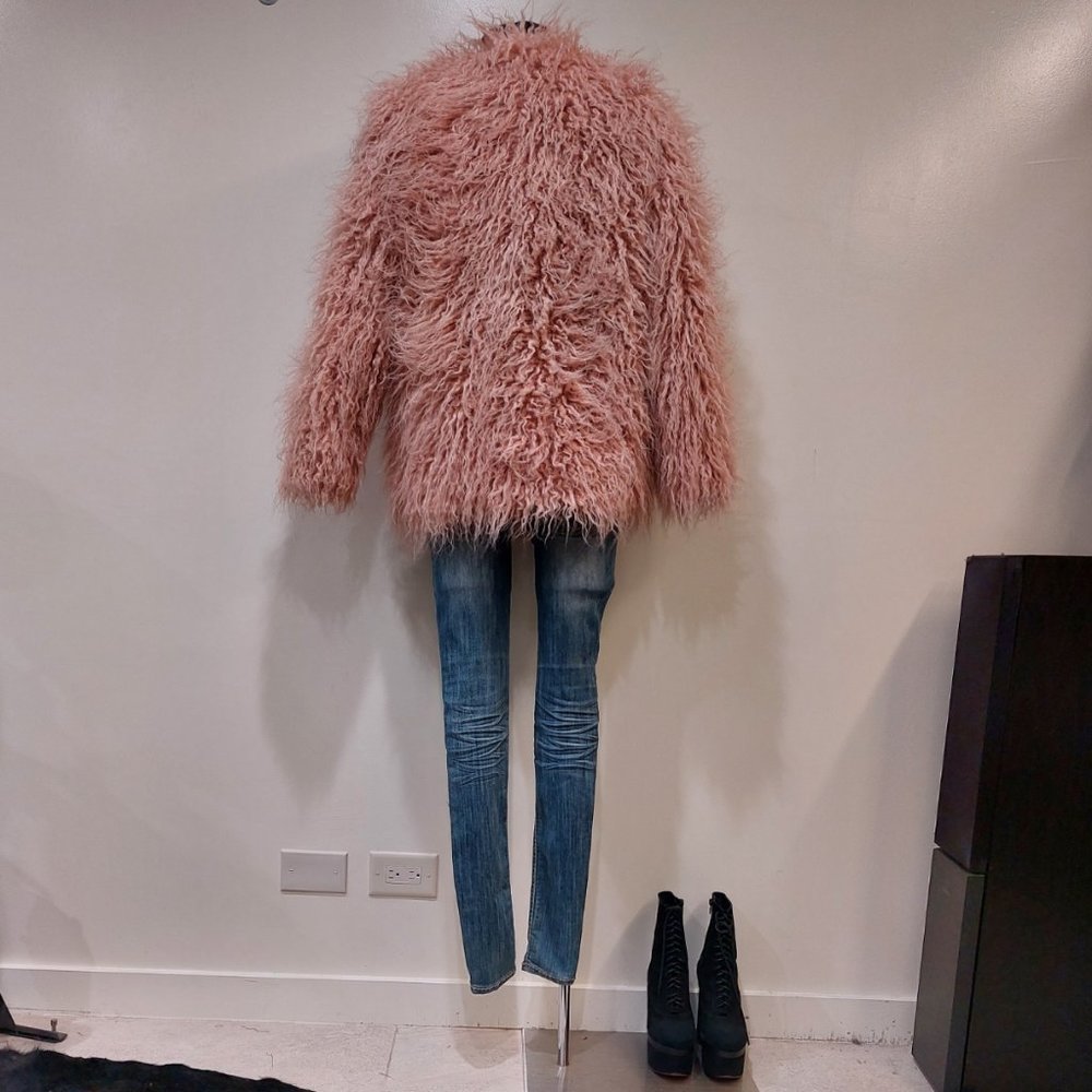 💋BOHO CHIC💋VTG 70s Style Blush Pink Faux Mongolian Curly Lamb Fur Jacket - Picture 6 of 13